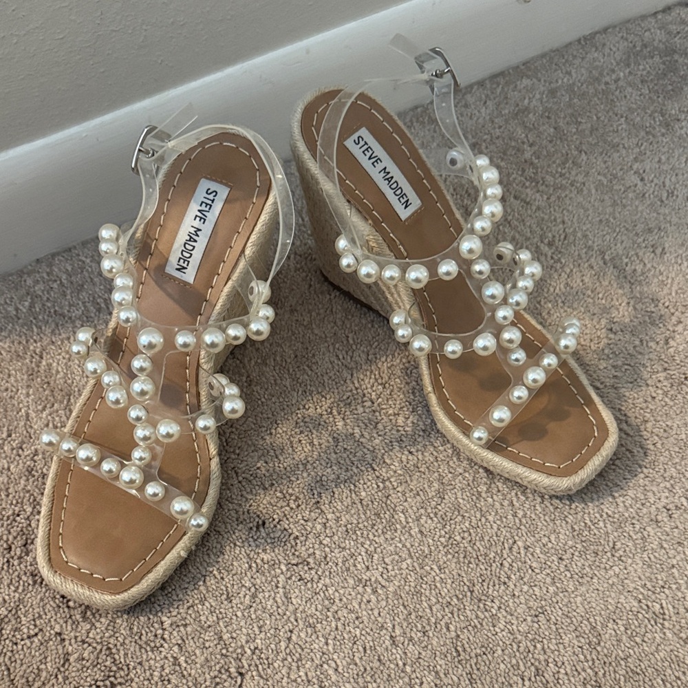 Steve Madden Pearl Embellished Clear Strap Sandals